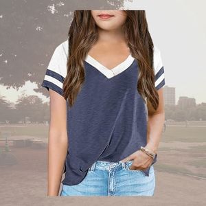 NIB Yonywa Blue Color-Block V Neck, Short Sleeve Shirt Size: Girls 14-16